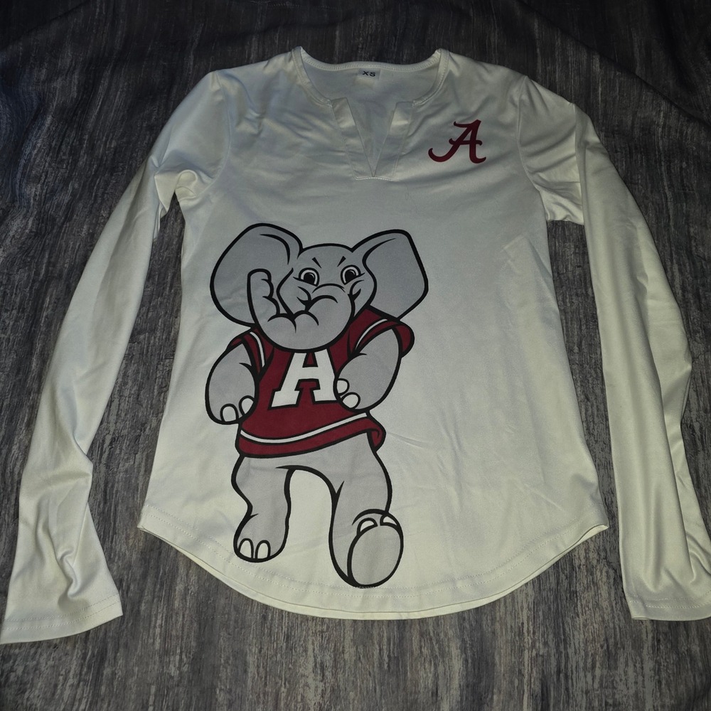Alabama Crimson Tide Big Al Long Sleeve Graphic Top White XS Split Neck Bama